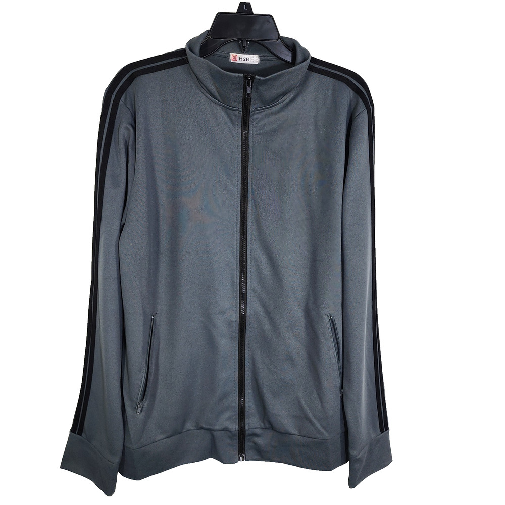 H2H Mens Track Jacket L Active Slim Fit Lightweight Zip Long Sleeve Gray Pocket
